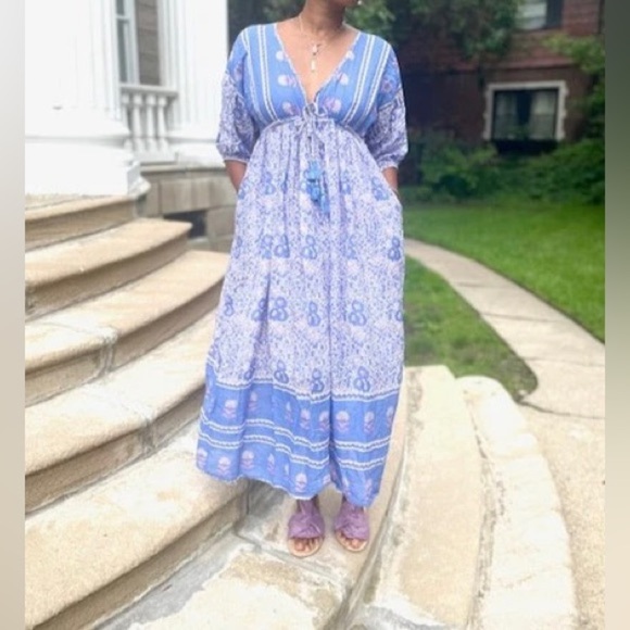 Henna Indian bohemian flowy relaxed paisley Blue Floral Maxi Dress s/m boho chic - Picture 1 of 7